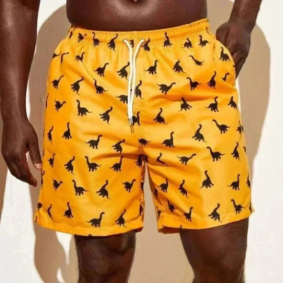 Yellow Vacation Style Men's Dinosaur Print Swim Trunks - Picture 3 of 5